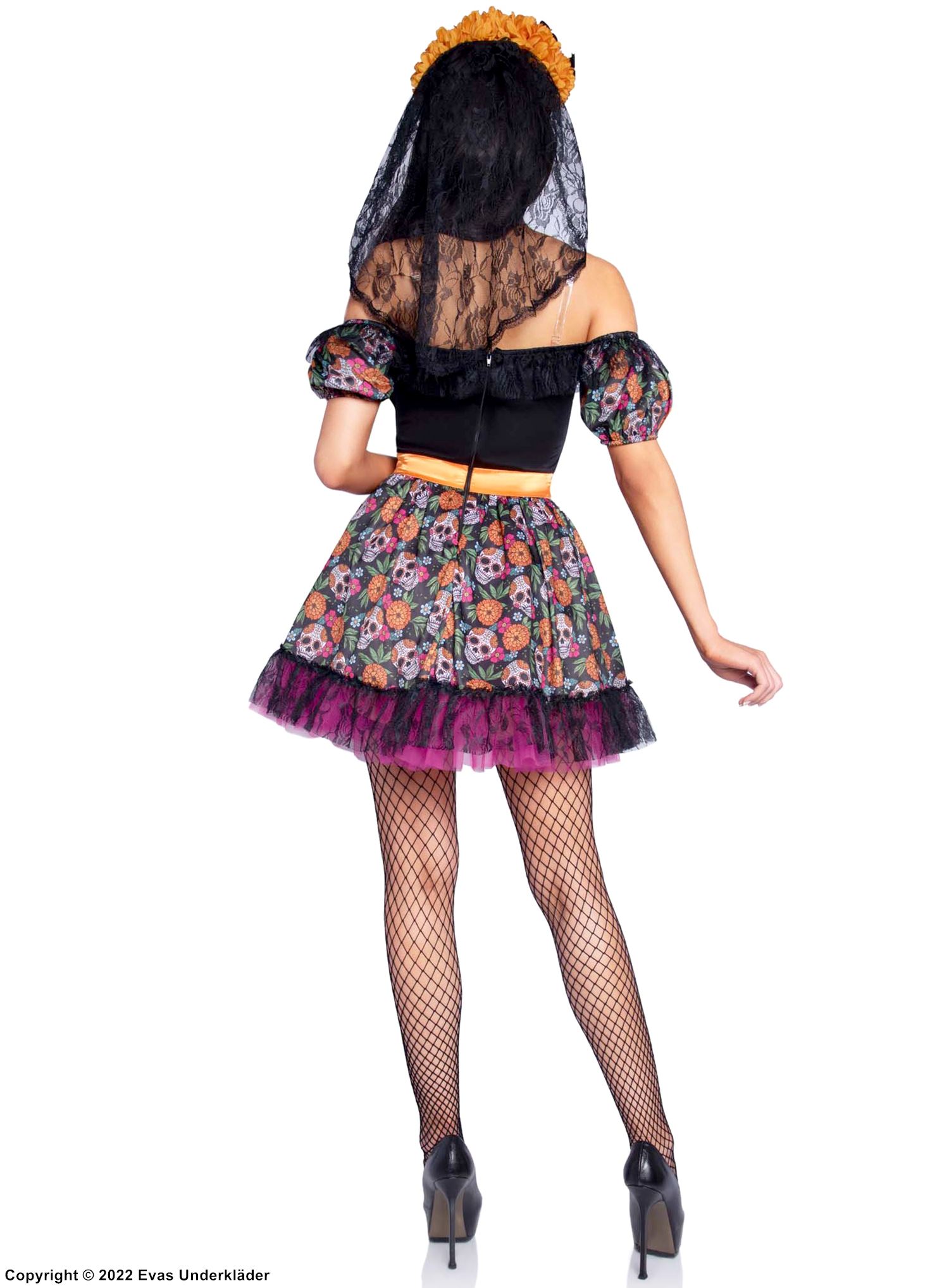Day of the Dead (woman), costume dress, lace trim, sugar skull (Calavera), cold shoulder, puff sleeves